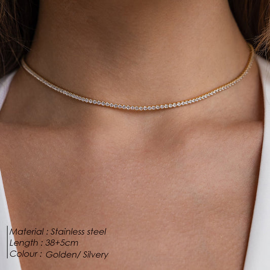 eManco fashion single row diamond Necklace Round Zircon tennis clavicle chain choker