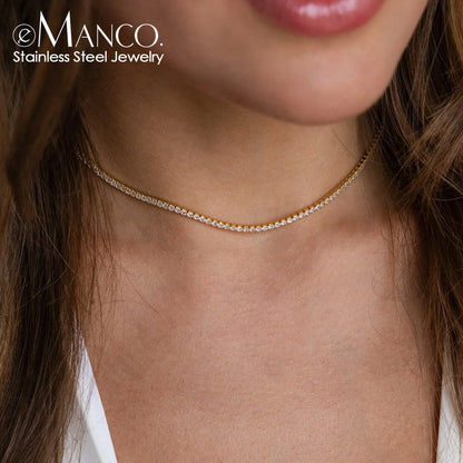 eManco fashion single row diamond Necklace Round Zircon tennis clavicle chain choker